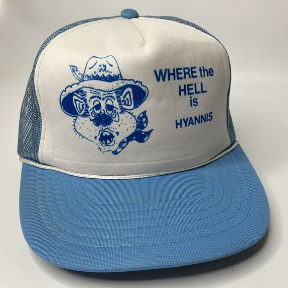 Vtg Where the Hell is Hyannis Nebraska Trucker Rope Hat Cap Snap Back Mesh Blue - Picture 1 of 9